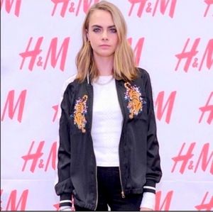 H&M Divided Japan Embroidered Black Satin Tiger Bomber Jacket.